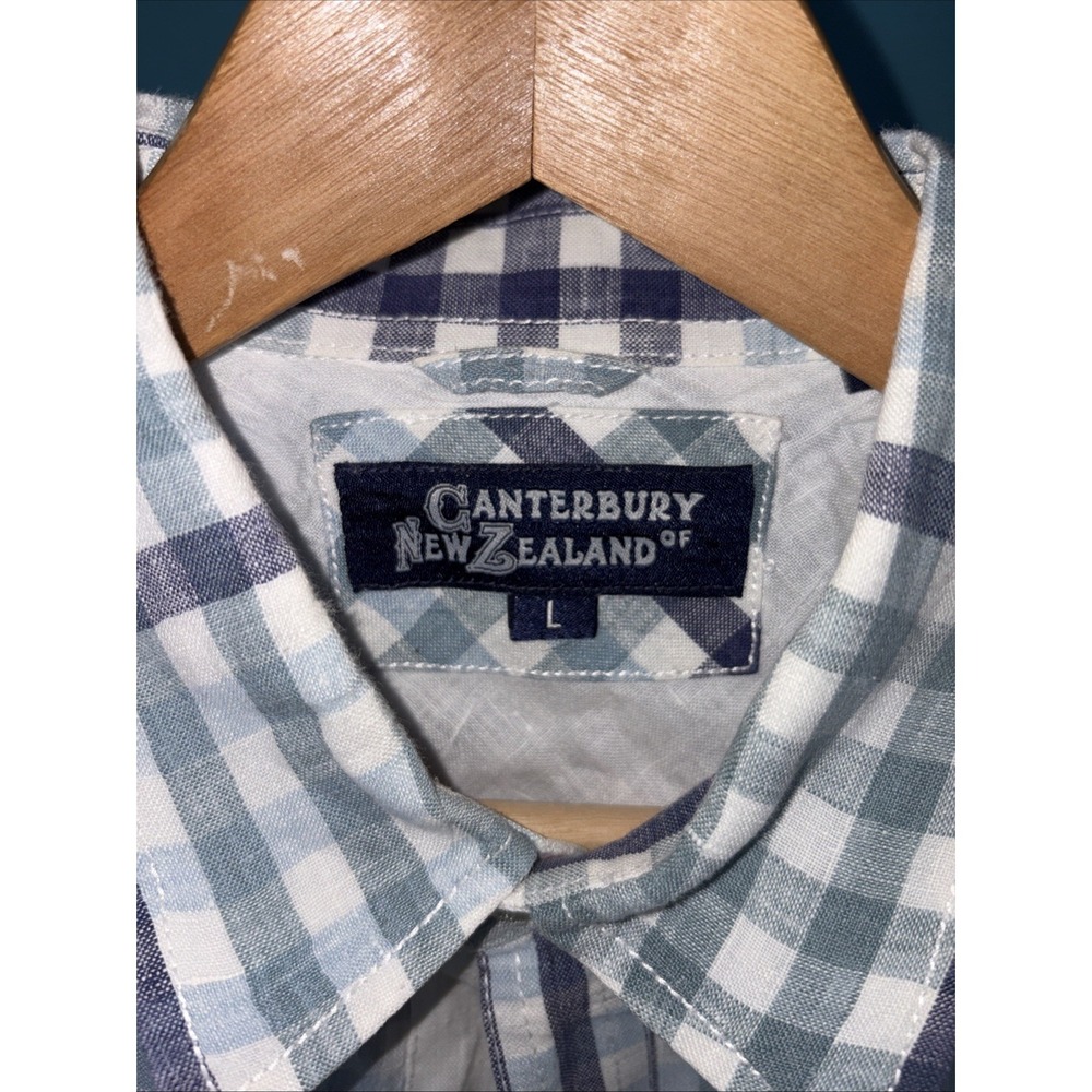 Canterbury New Zealand Button-Up Linen Shirt Mens L Blue Plaid Check Flip Cuff - Picture 2 of 8